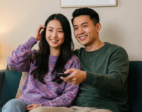 Couple enjoying seamless streaming at home on ViewQwest X with OptiX WiFi