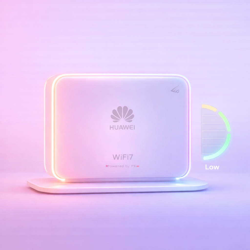 OptiX WiFi router with low power indicator showing energy-efficient 5.5W operation